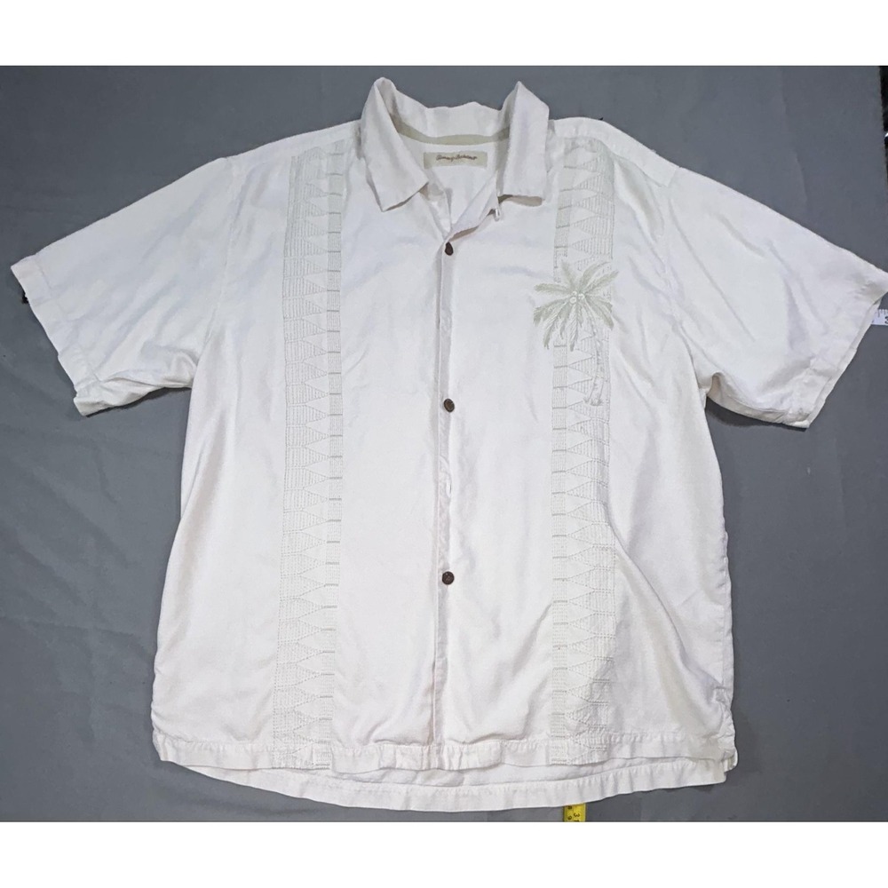 Tommy Bahama Shirt Mens XL Cream Silk Short Sleeve Button Up Palm Tree Tropical
